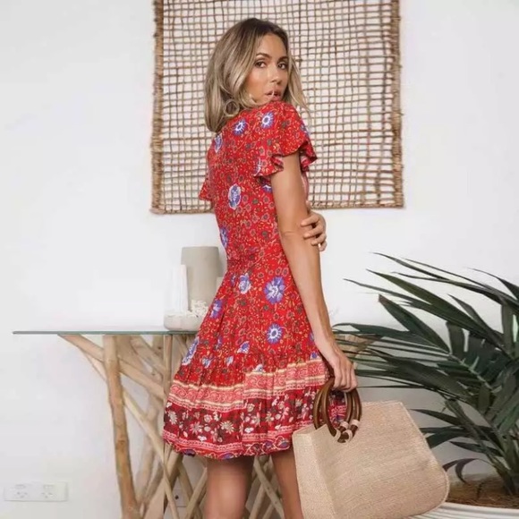 SOLD OUT Red Boho Floral Gypsy Wrap Short Sleeve Mini Dress - Picture 3 of 5